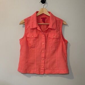 Sunny Leigh 100% Linen Coral Sleeveless Button-Down Shirt